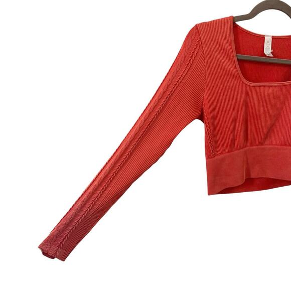 Aerie Offline Seamless Cable Square Neck Long Sleeve Crop Top Coral Orange Sz L - Picture 3 of 11